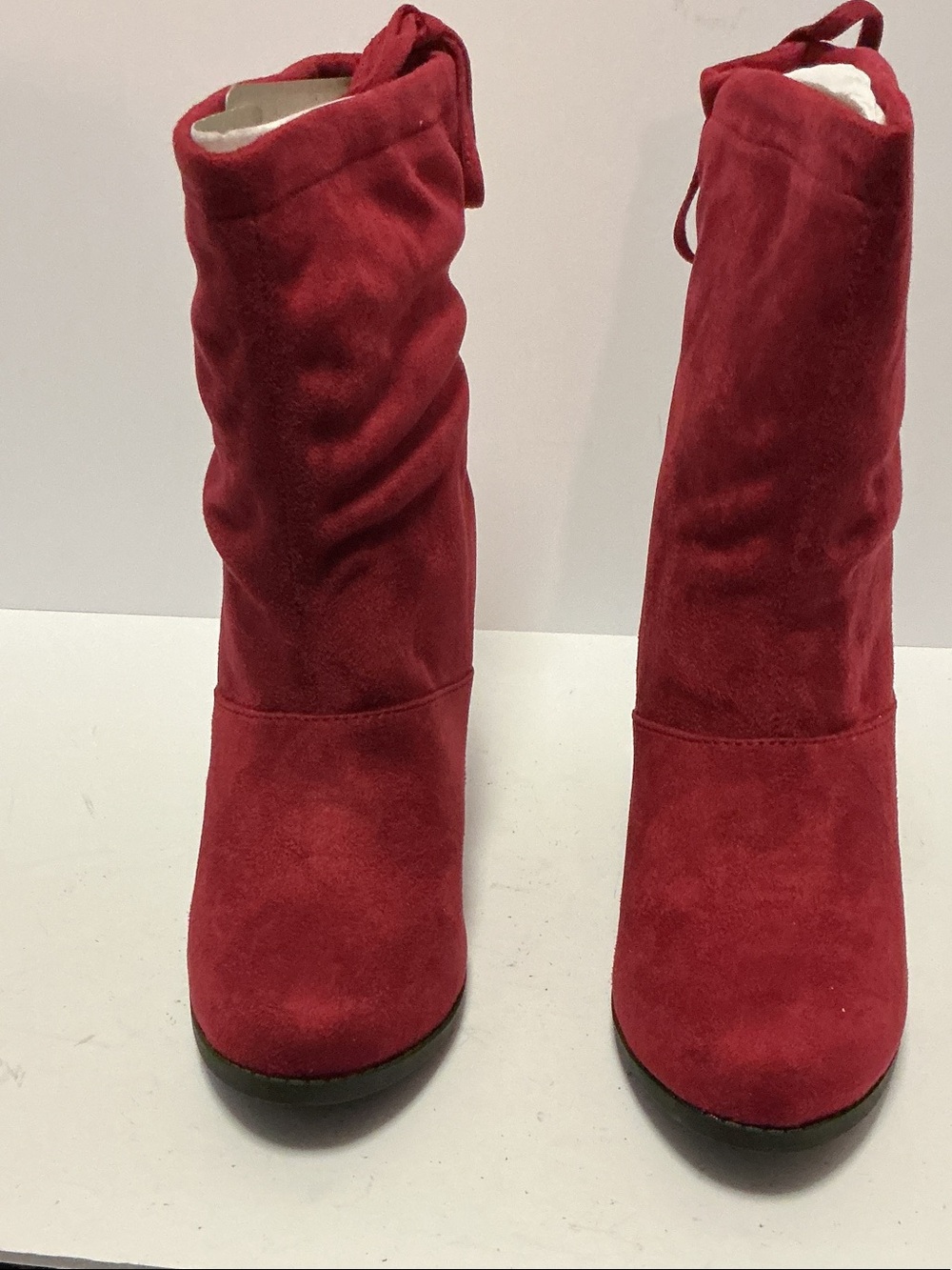 Diba Red Suede Mid-Calf Slouchy Heeled Boots